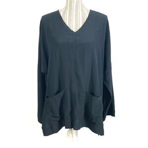 Babette Black Crinkle V Neck Pullover Lagenlook Tunic Top Pockets Size Medium